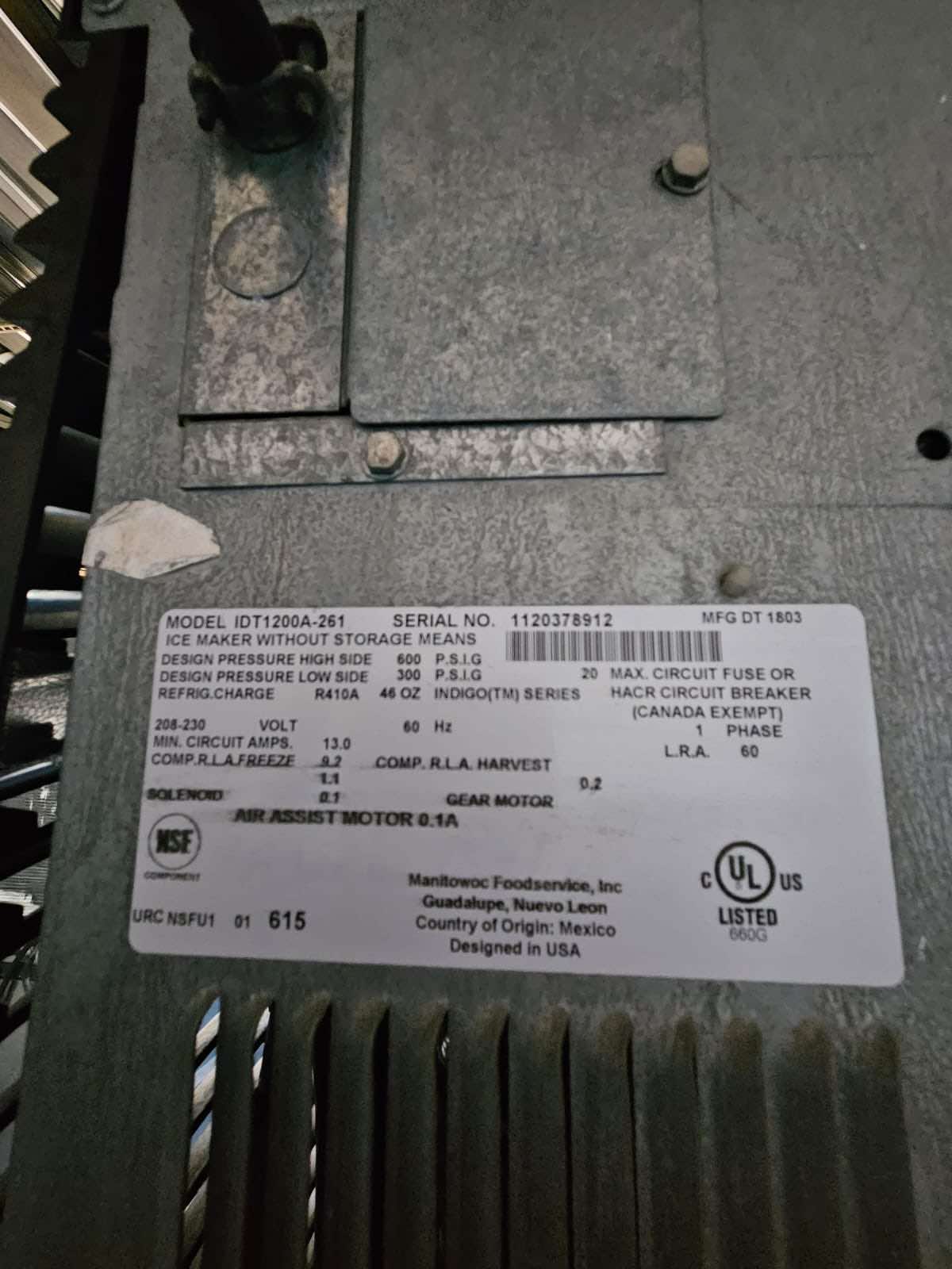 Maquina de Hielo 1200Lbs Manitowoc IDT1200A-261 (Reacondicionado)