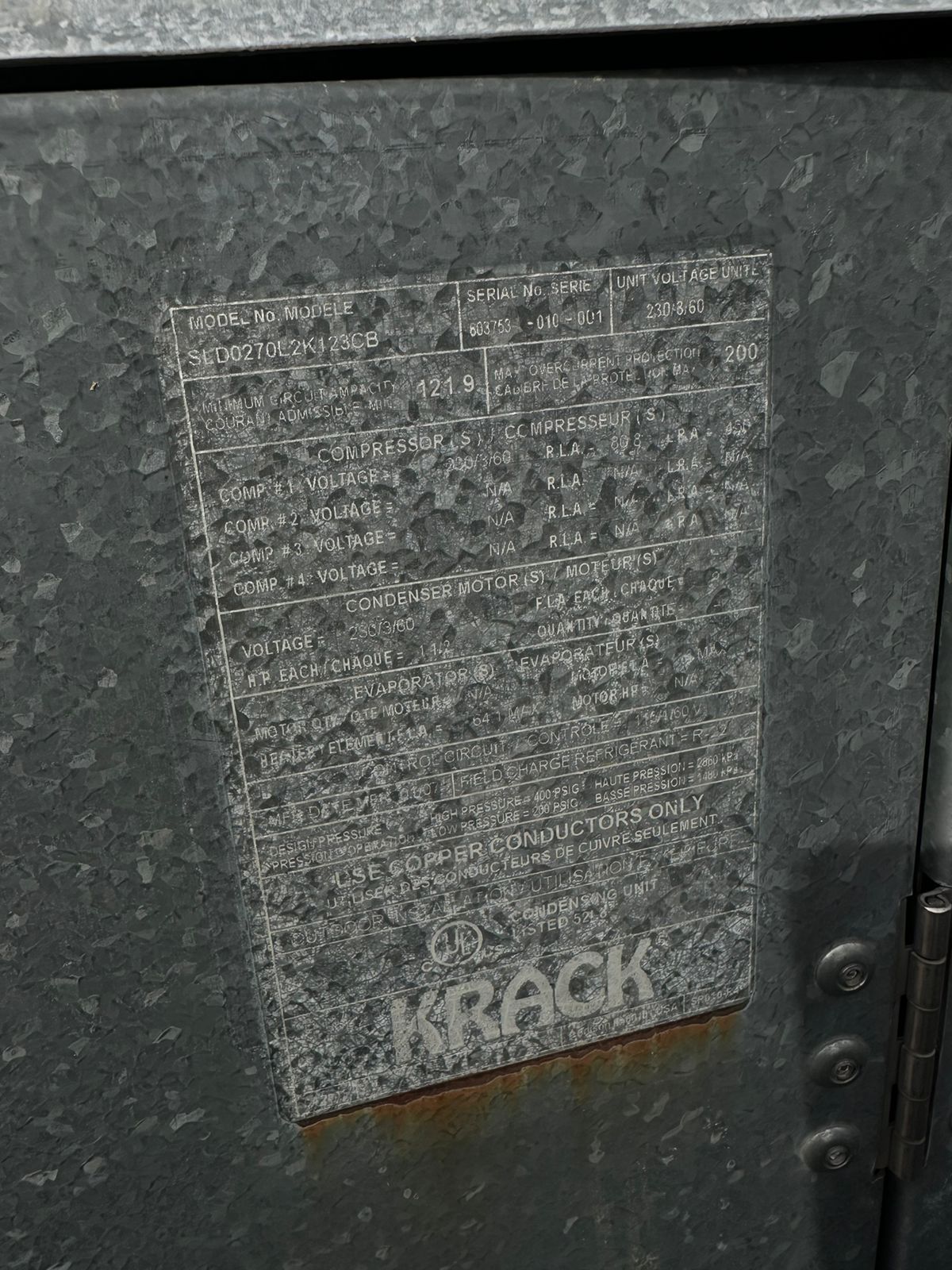Paquete Condensador 27 Hp Krack SLD027E2K123CB + Difusor 84,200 BTUS SM25E-842-CKK Krack (Reacondicionado)