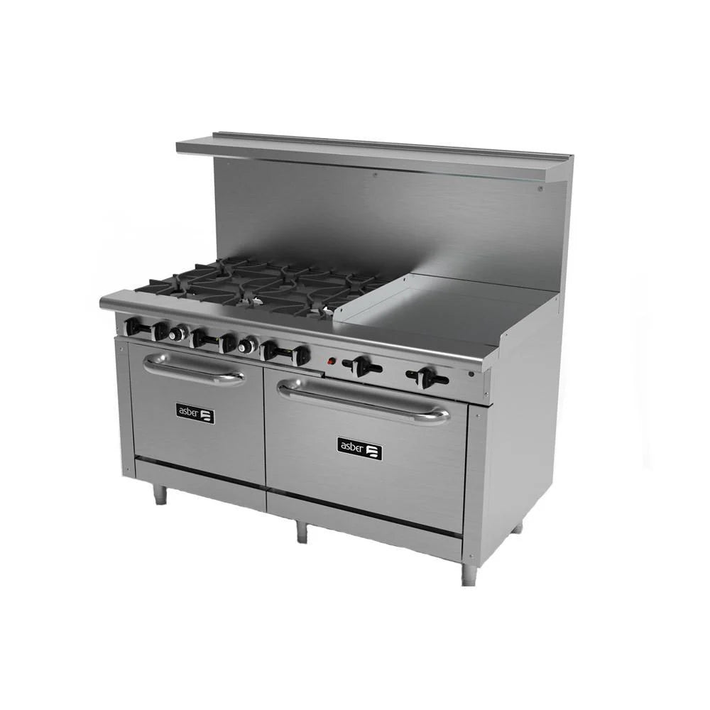 Asber AEMR-2-G24-B6-60-H Estufa 6 Fuegos Abiertos + Plancha 24"+ 2 Hornos 24" y 36"