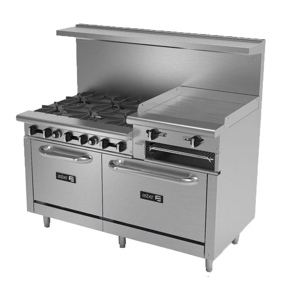 Asber AEMR-2-RG24-B6-60-H 6 Fuegos Abiertos + Plancha 24" Elevada + Gratinador + 2 Hornos 24" y 36"