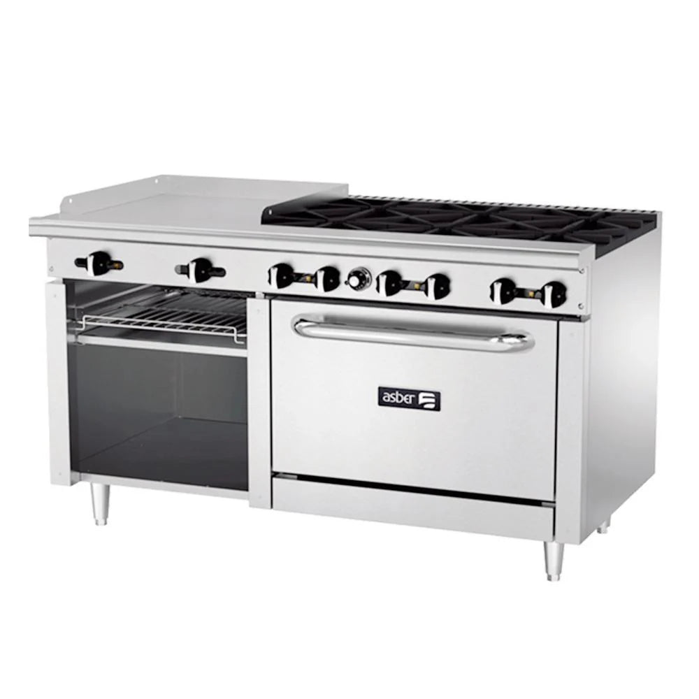 Asber AEMR-G24-B6-60-H Estufa Múltiple con Plancha y Horno 6 Quemadores