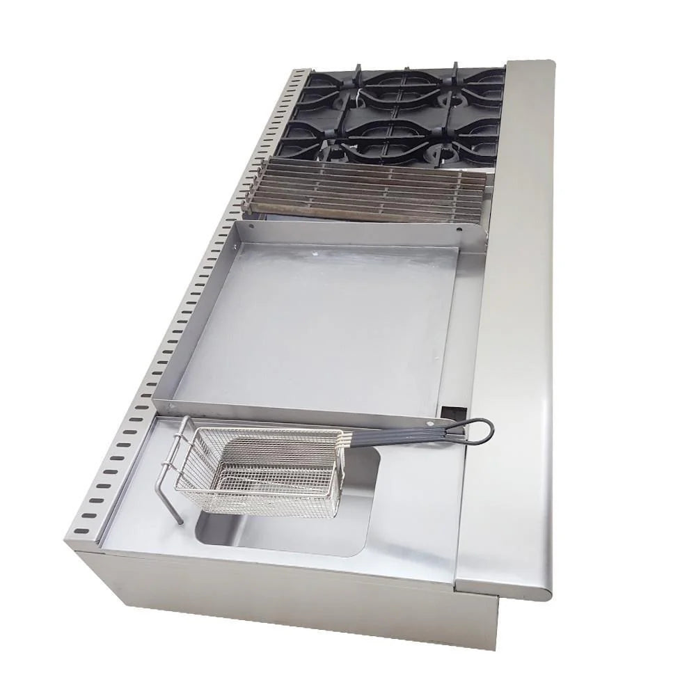 Asber AM-72 Estufa Múltiple 4 Fuegos Abiertos + Asador 12" + Plancha 24" + Gratinador + Freidora