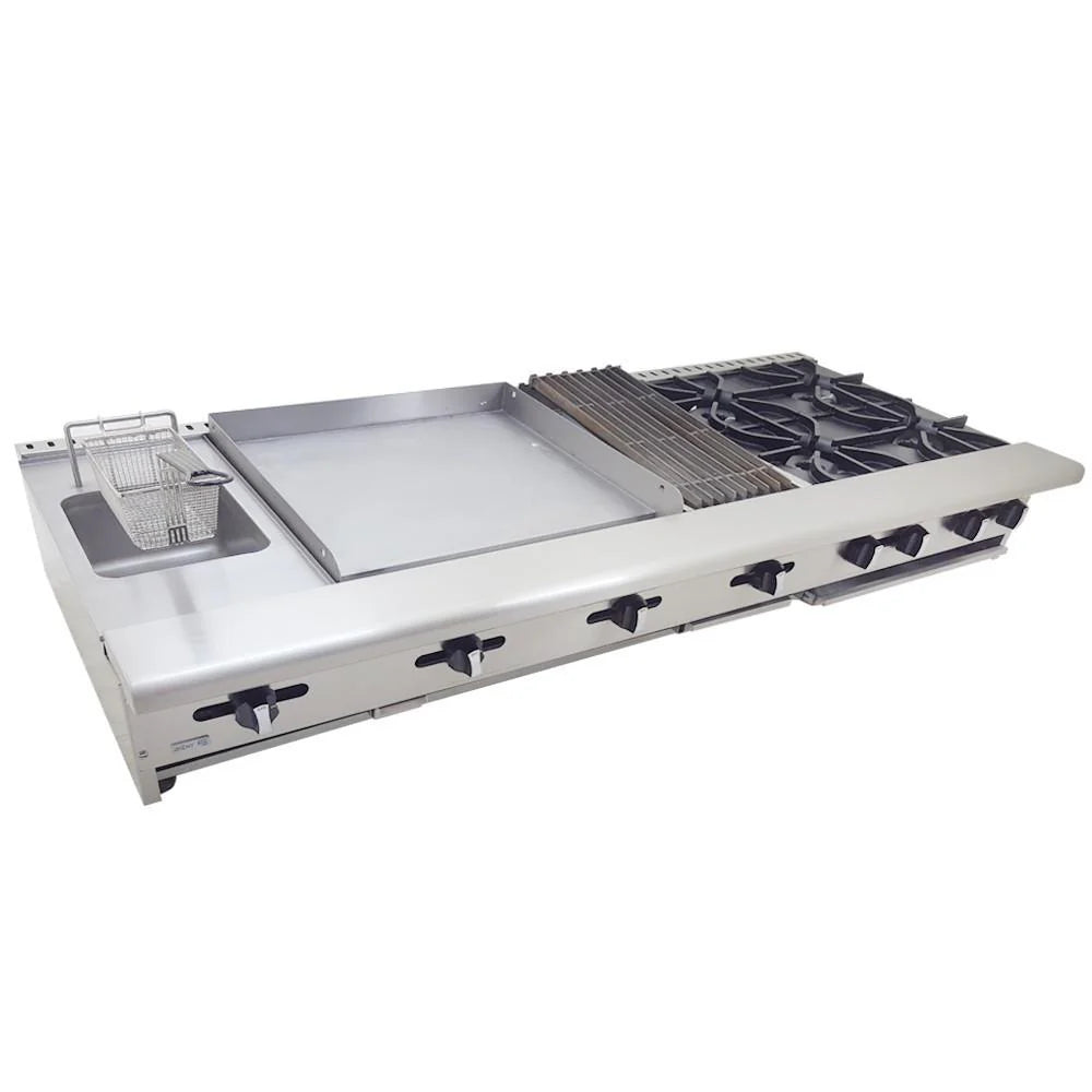 Asber AM-72 Estufa Múltiple 4 Fuegos Abiertos + Asador 12" + Plancha 24" + Gratinador + Freidora