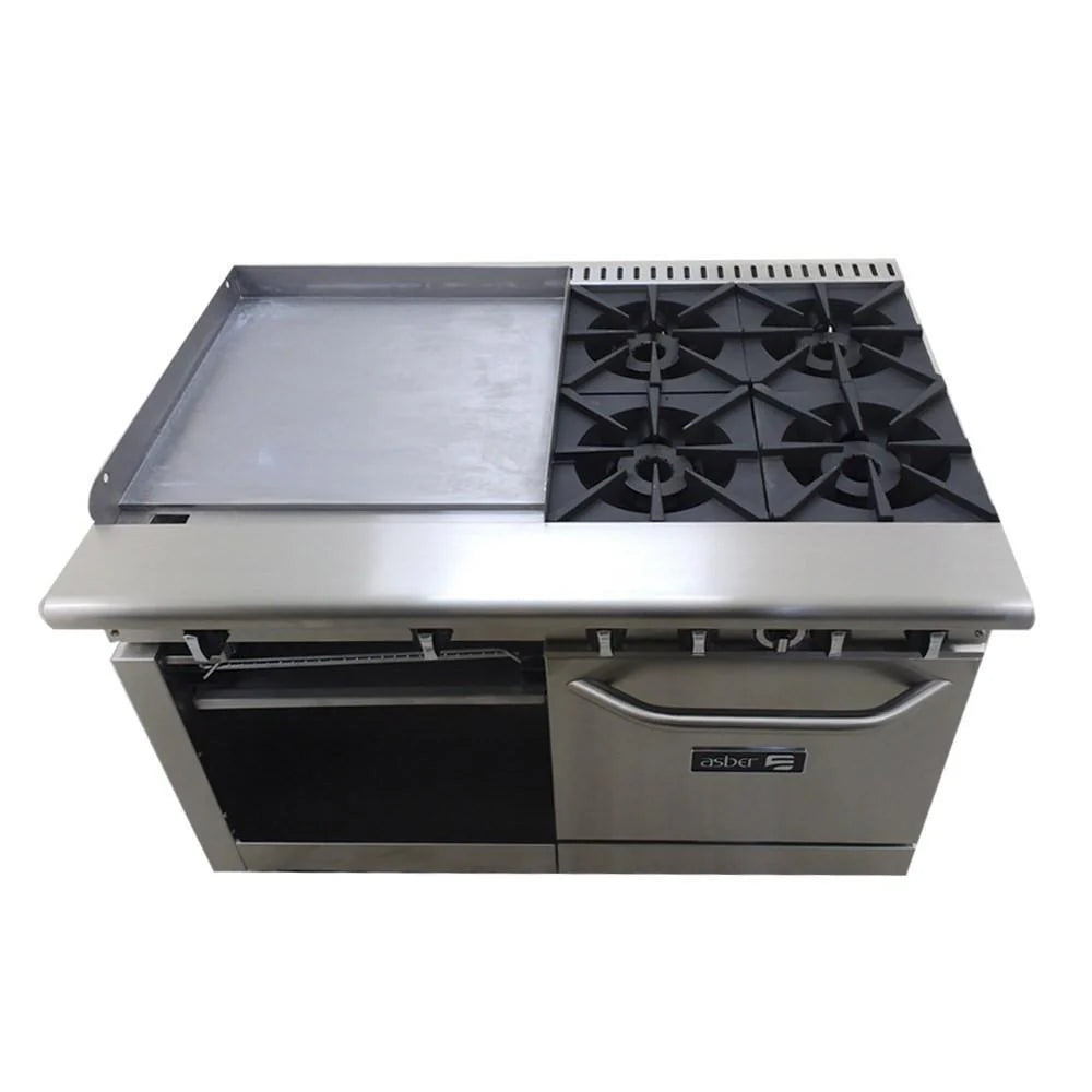 Asber AMR-48 Estufa 4 fuegos Abiertos + Plancha 24" + Horno + Gratinador Acero Inoxidable
