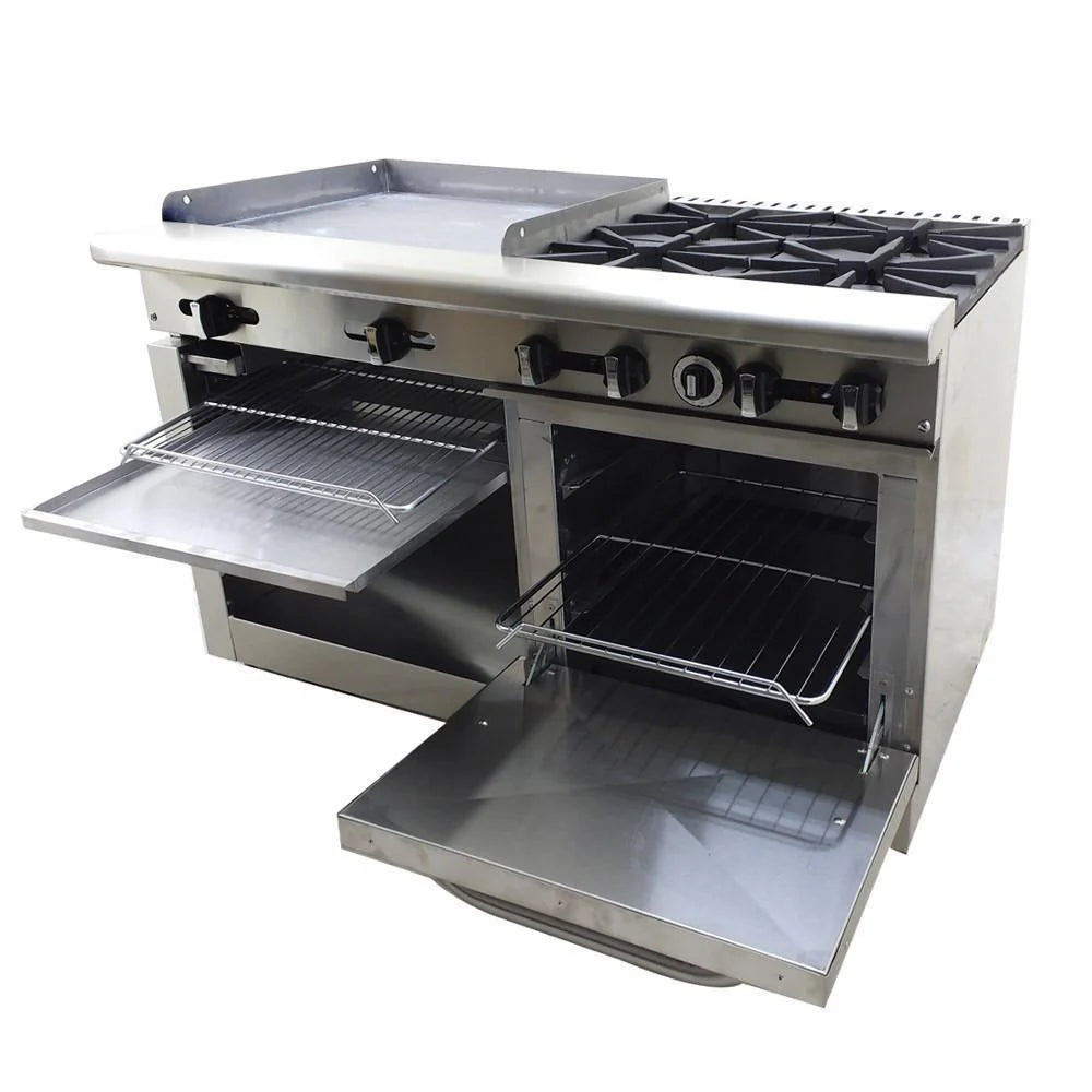 Asber AMR-48 Estufa 4 fuegos Abiertos + Plancha 24" + Horno + Gratinador Acero Inoxidable