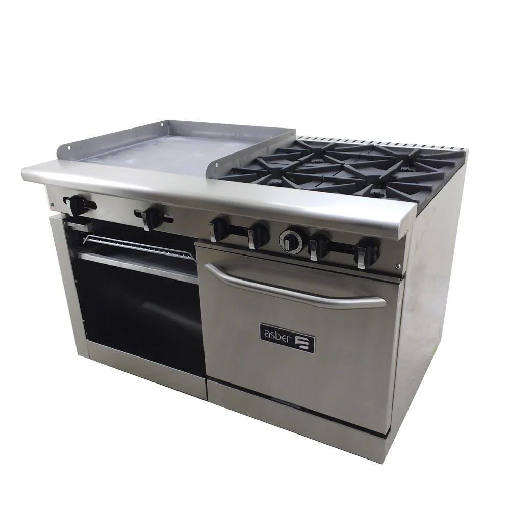 Asber AMR-48 Estufa 4 fuegos Abiertos + Plancha 24" + Horno + Gratinador Acero Inoxidable