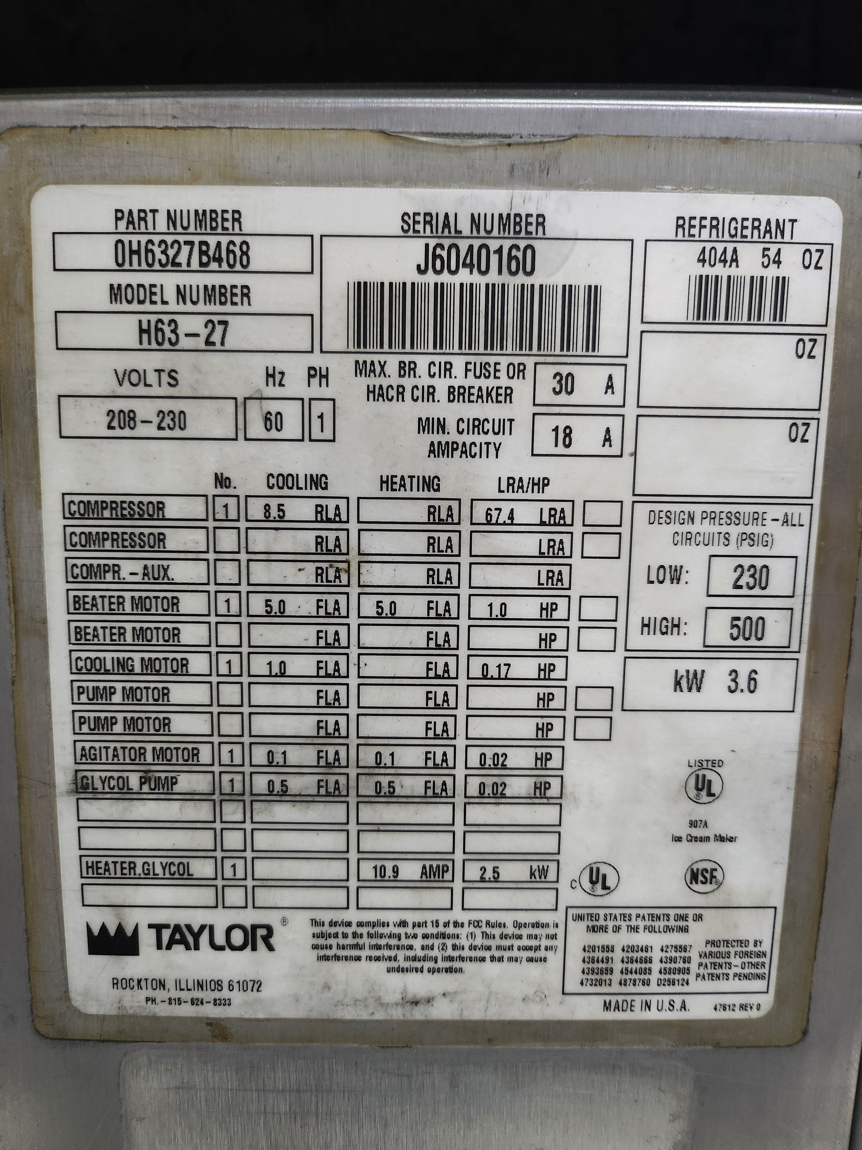 Maquina de Malteadas Taylor H63-27 (monofásica) (Reacondicionado)