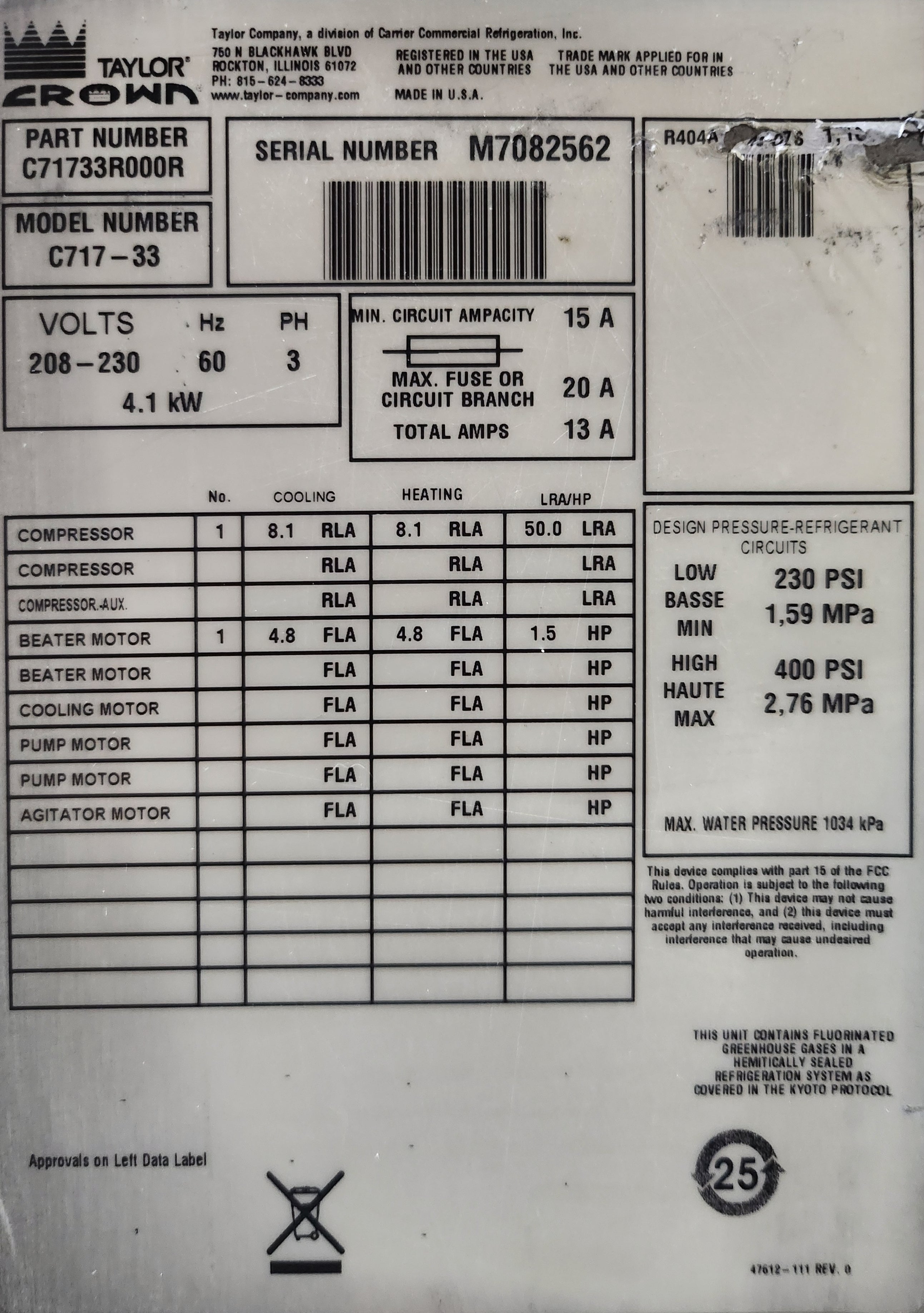 Maquina de Helado Suave Taylor C717-33 (Reacondicionado)