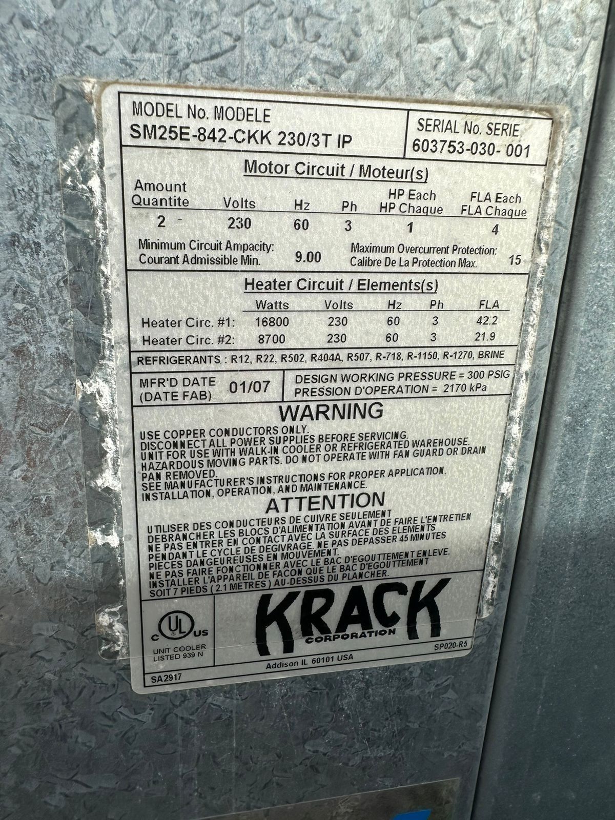 Paquete Condensador 27 Hp Krack SLD027E2K123CB + Difusor 84,200 BTUS SM25E-842-CKK Krack (Reacondicionado)