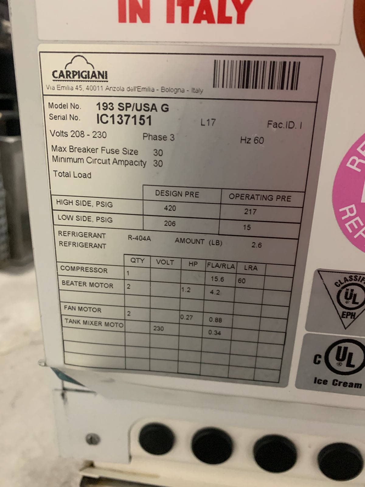 Maquina de Helado Suave Carpigiani 193 SP (Reacondicionado)