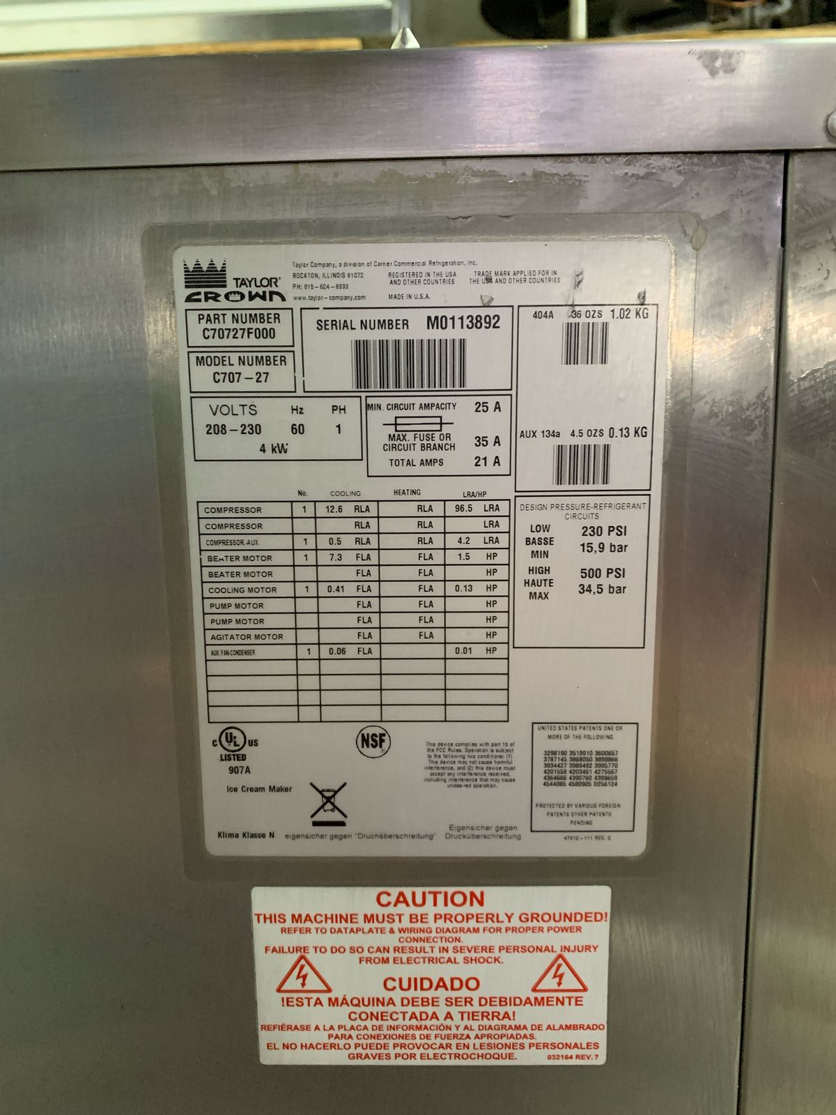 Maquina de Helado Suave Taylor C707-27 (monofásica) (Reacondicionado)