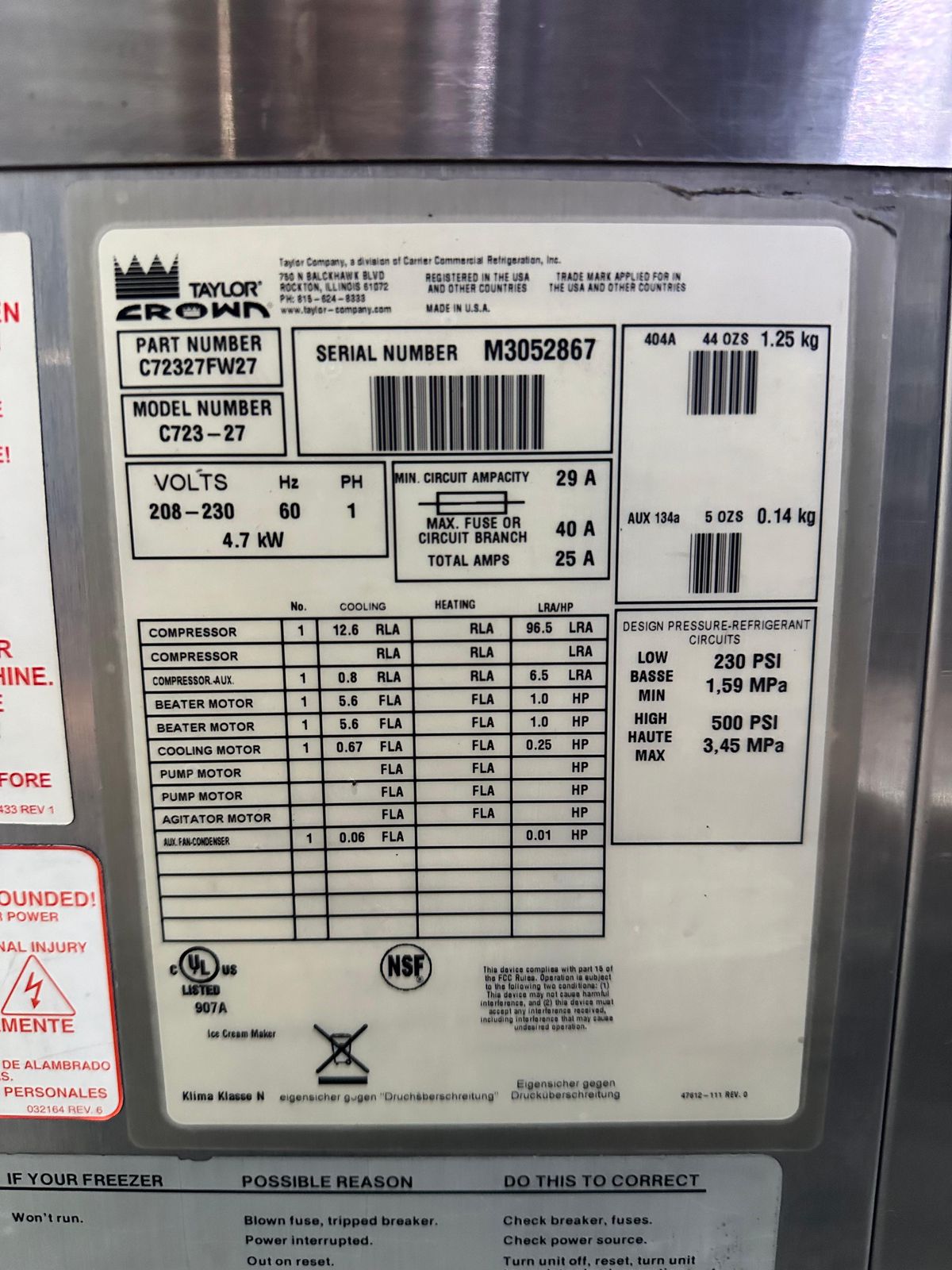 Maquina de Helado Suave Taylor C723-27 (monofásica) (Reacondicionado)
