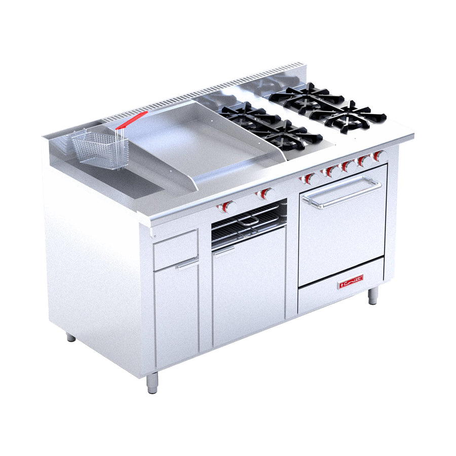Estufa 4 Quemadores con Freidora, Plancha y Horno Coriat Multichef Máster de Piso