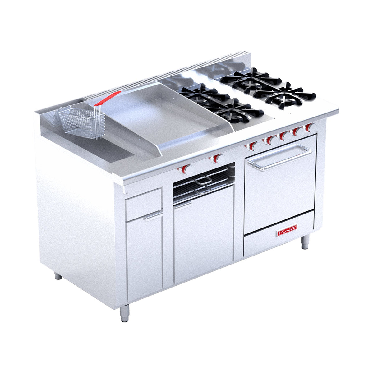 Estufa 4 Quemadores con Freidora, Plancha y Horno Coriat Multichef Máster de Piso
