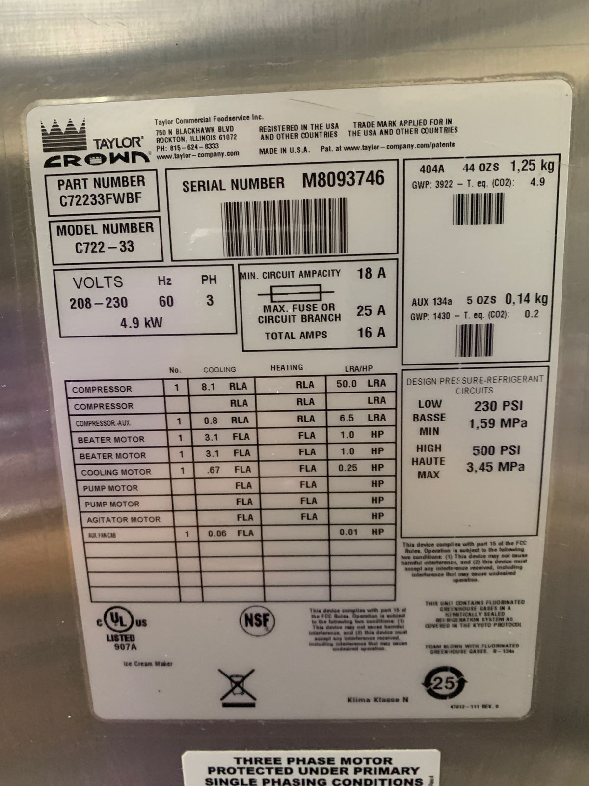 Máquina de Helado Taylor C722 (con Bombas y Agitadores)(trifásica) (Seminueva) (Sin Uso)