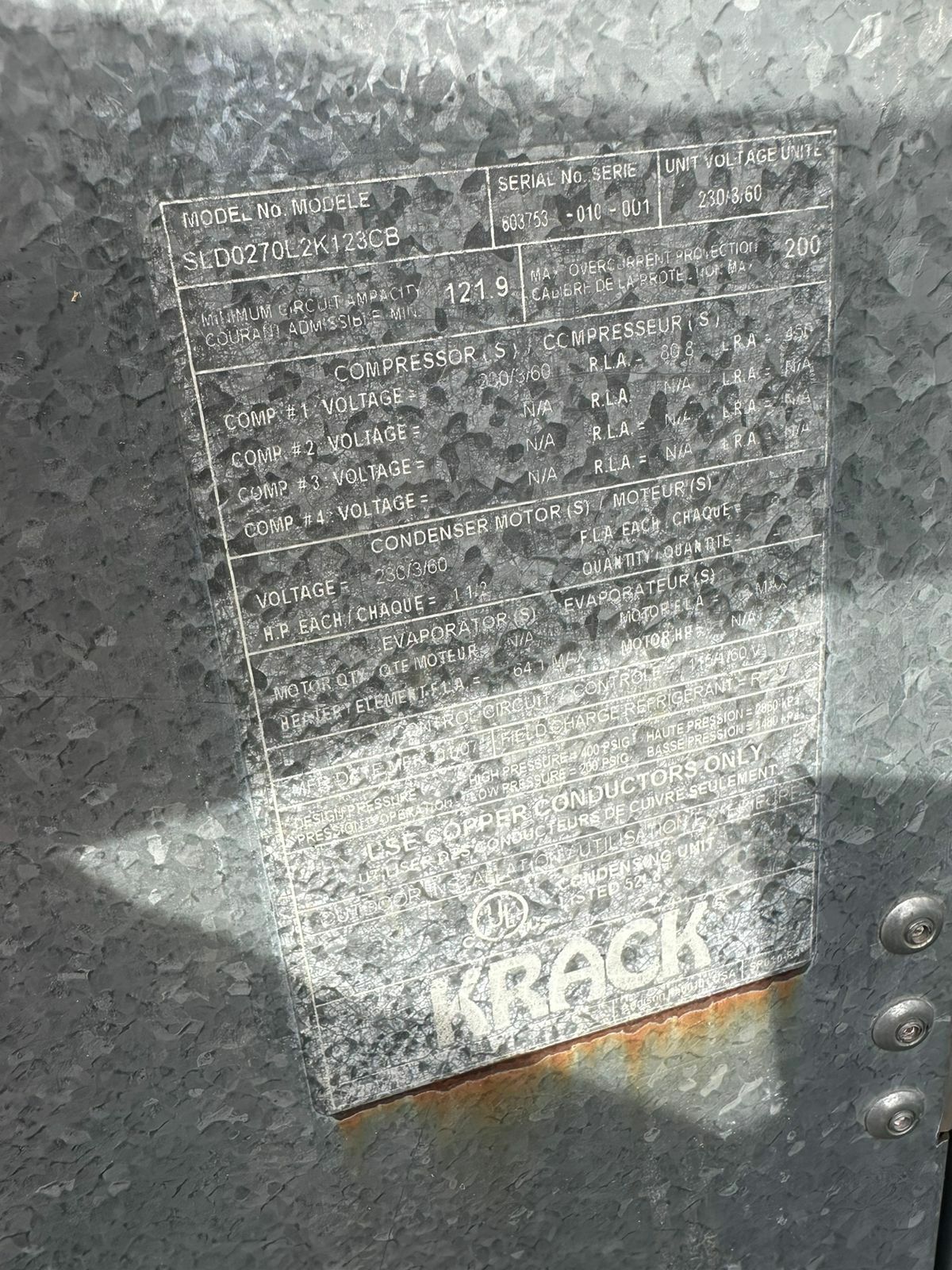 Paquete Condensador 27 Hp Krack SLD027E2K123CB + Difusor 84,200 BTUS SM25E-842-CKK Krack (Reacondicionado)