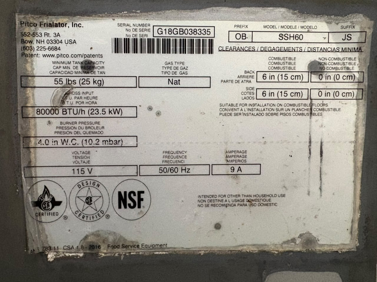 Freidora 1 Tina Pitco SSH60 sin Carrito Filtrador (Reacondicionado) · placa