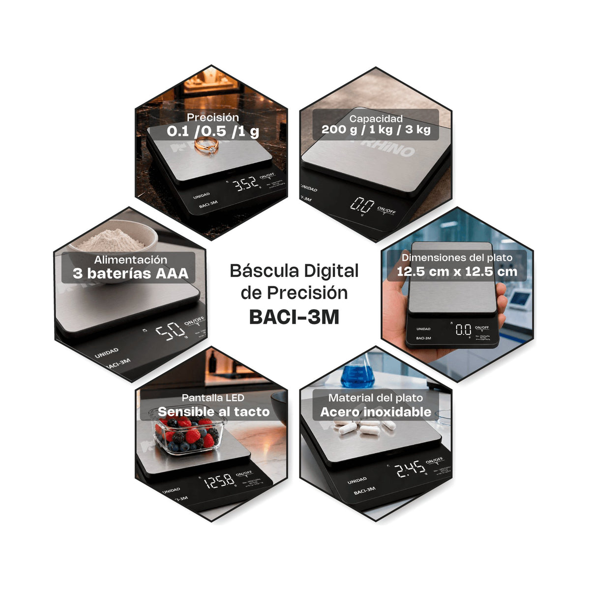 Báscula Digital de Precisión de 0.1 g con Capacidad de 3 kg Rhino BACI-3M · vista 4