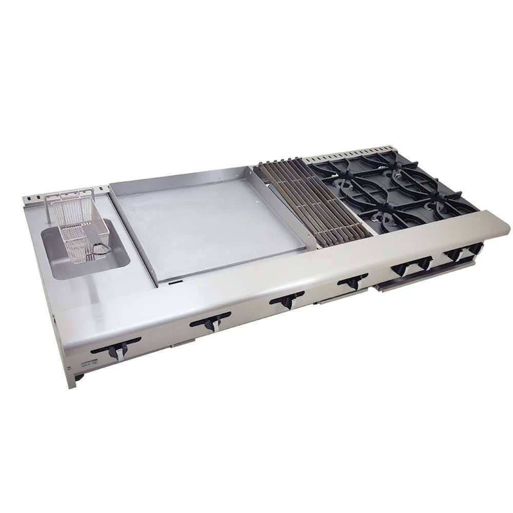 Asber AM-72 Estufa Múltiple 4 Fuegos Abiertos + Asador 12" + Plancha 24" + Gratinador + Freidora