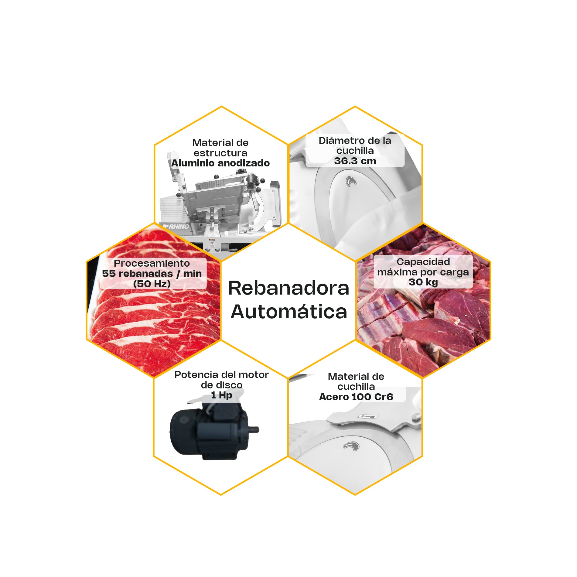 Rhino REBAC-363 Rebanadora Automática para Carne Semi Congelada 30 Kg 1 Hp 110V