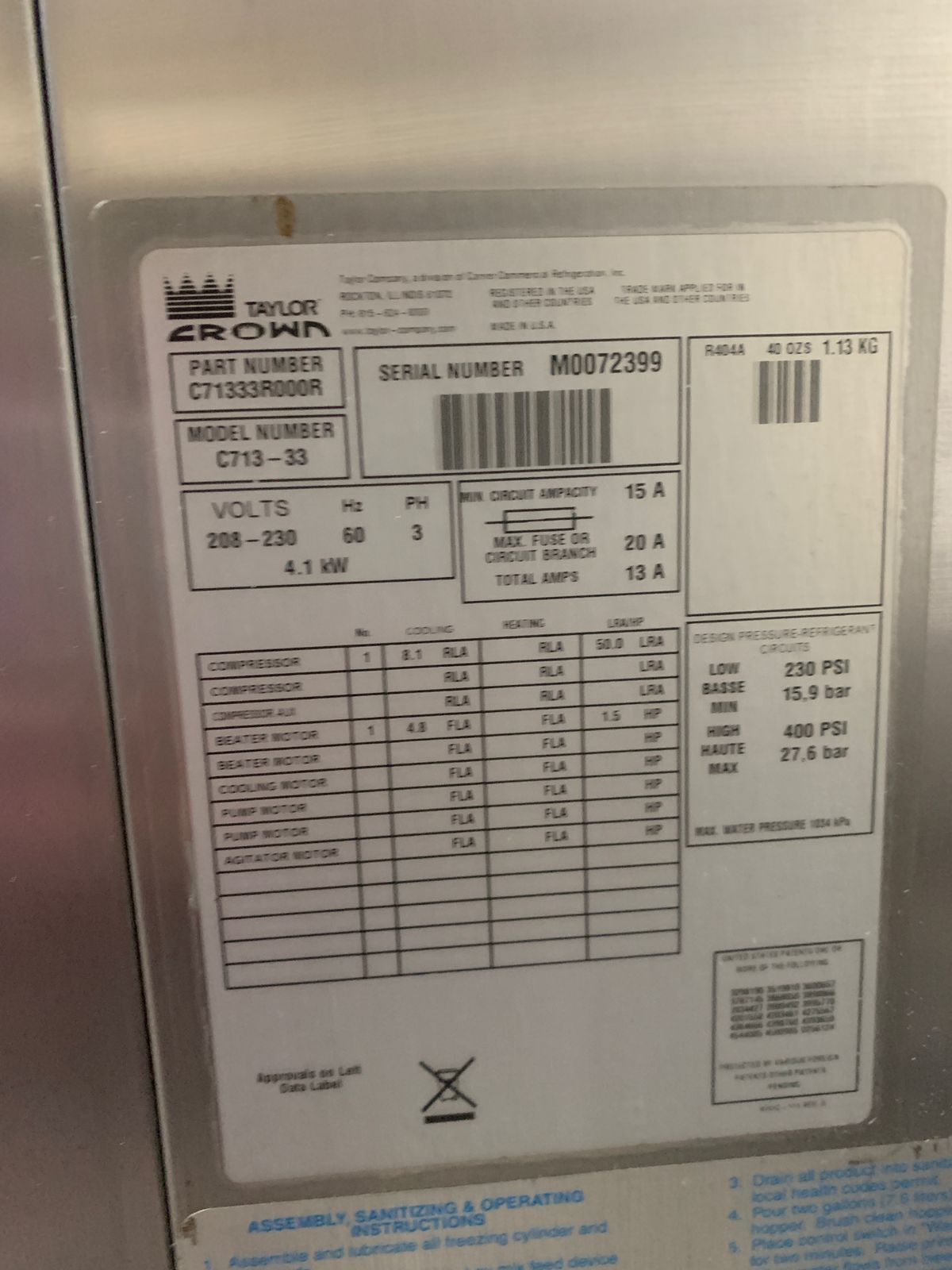 Máquina de Helado Taylor C713 (trifásica) (Reacondicionado)