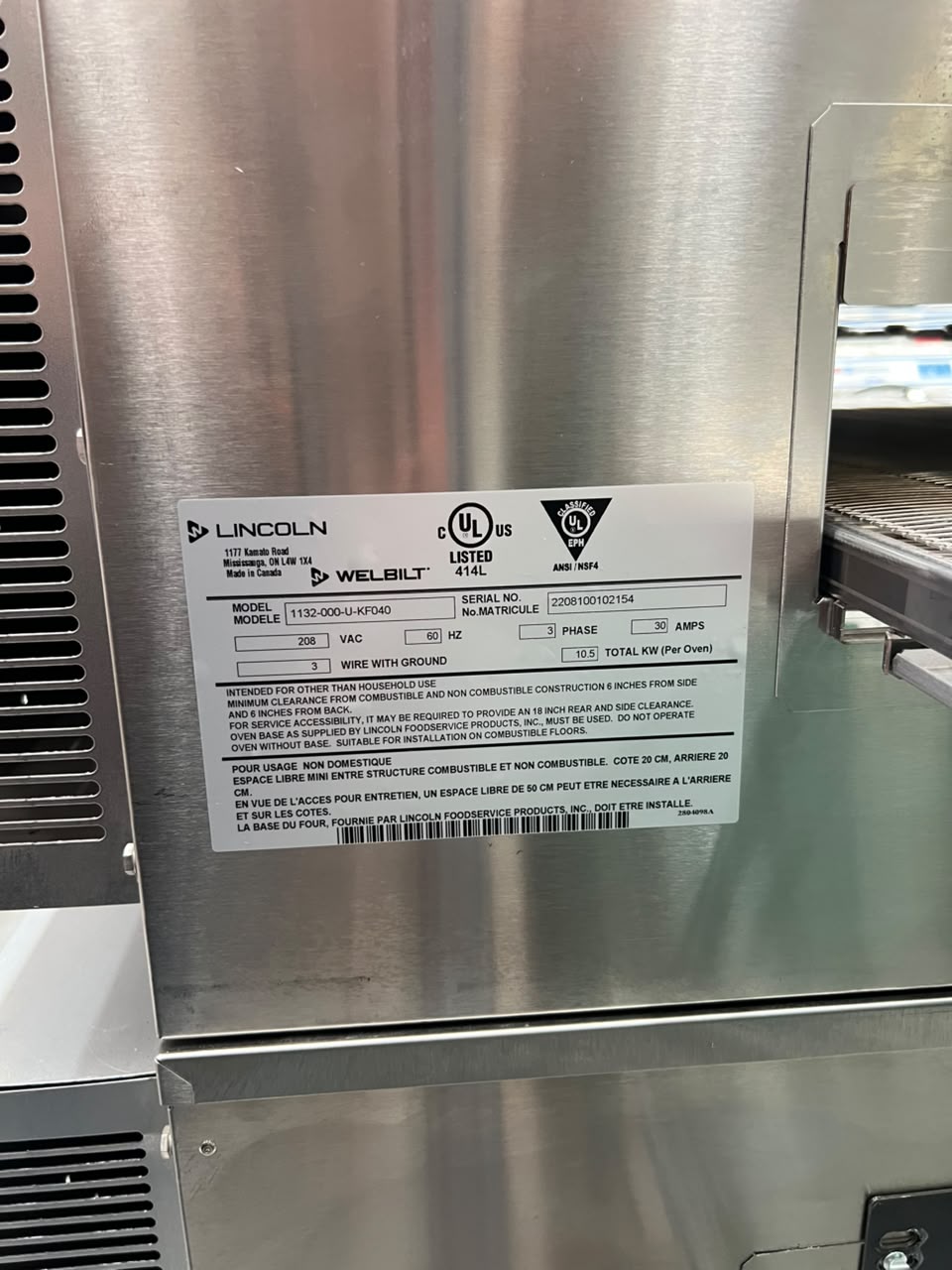 Horno Doble de Banda 18 Pulgadas Lincoln 1132-000-u-kf040 (Seminuevo) (Sin Uso)