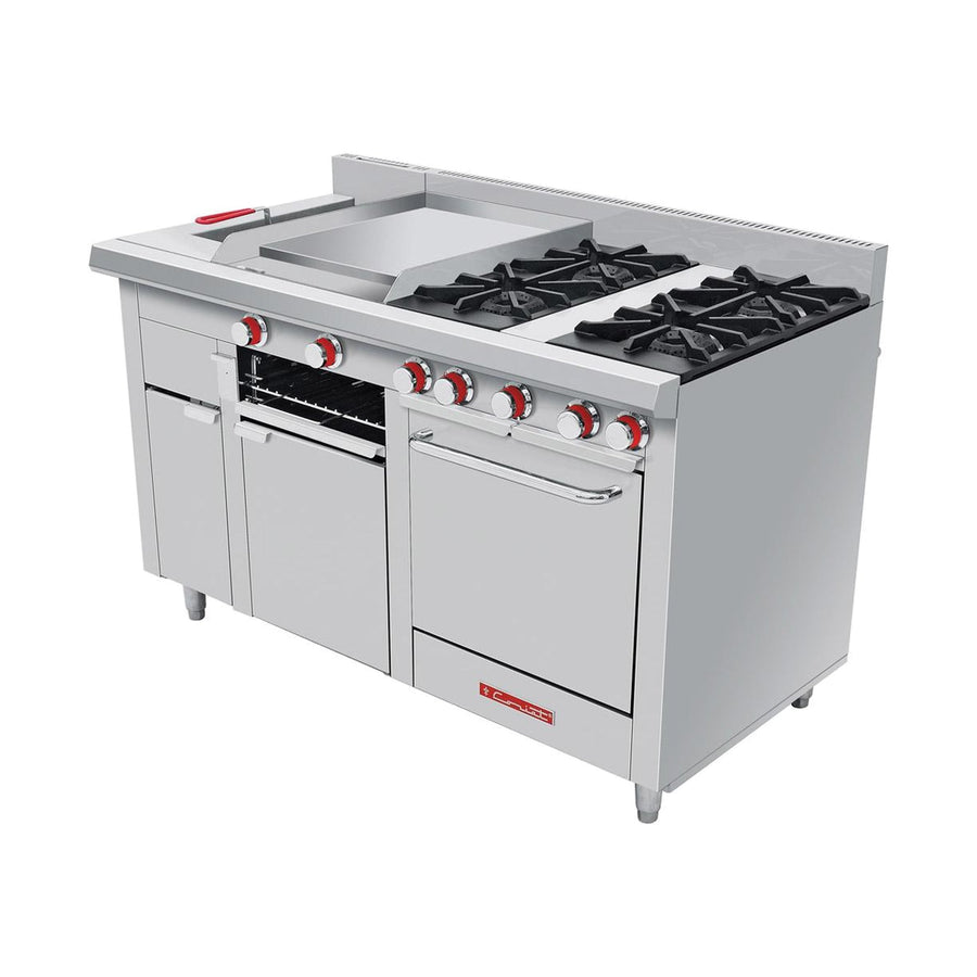 Estufa 4 Quemadores con Freidora, Plancha y Horno Coriat Multichef Turbo Máster de Piso