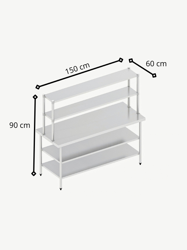 Mesa en Isla en Acero Inoxidable con Repisa (150x60 x 90 cm) MI-2CR