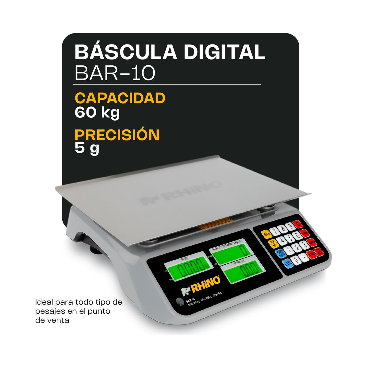Báscula Electrónica Multifunciones con Puerto USB 60 kg Rhino BAR-10 · vista 2