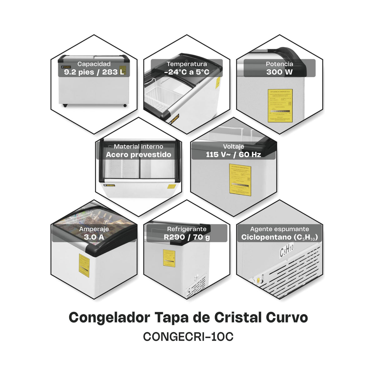 Congelador Tapa de Cristal Curvo 10 pies Rhino CONGECRI-10C · vista 4