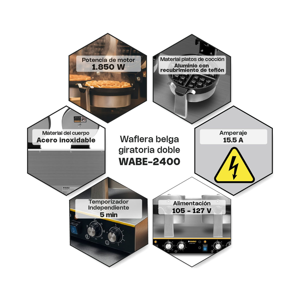 Waflera Belga Giratoria Doble 1,850 W Rhino WABE-2400 · vista 4
